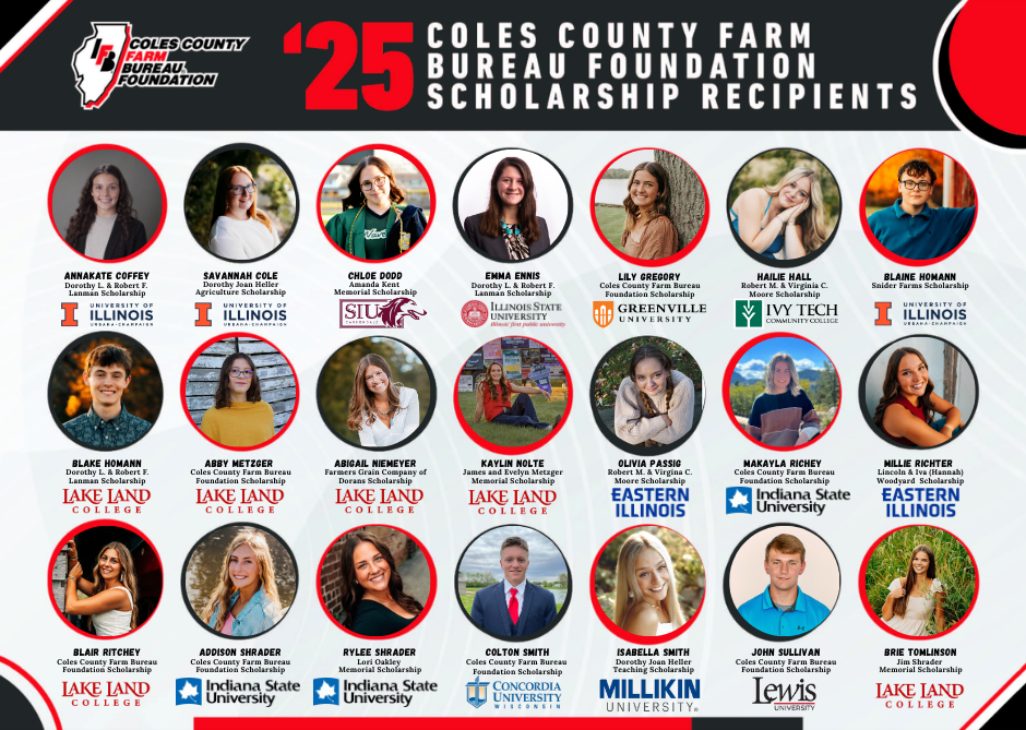 A collage of Coles County Farm Bureau Foundation's scholarship recipient for 2025